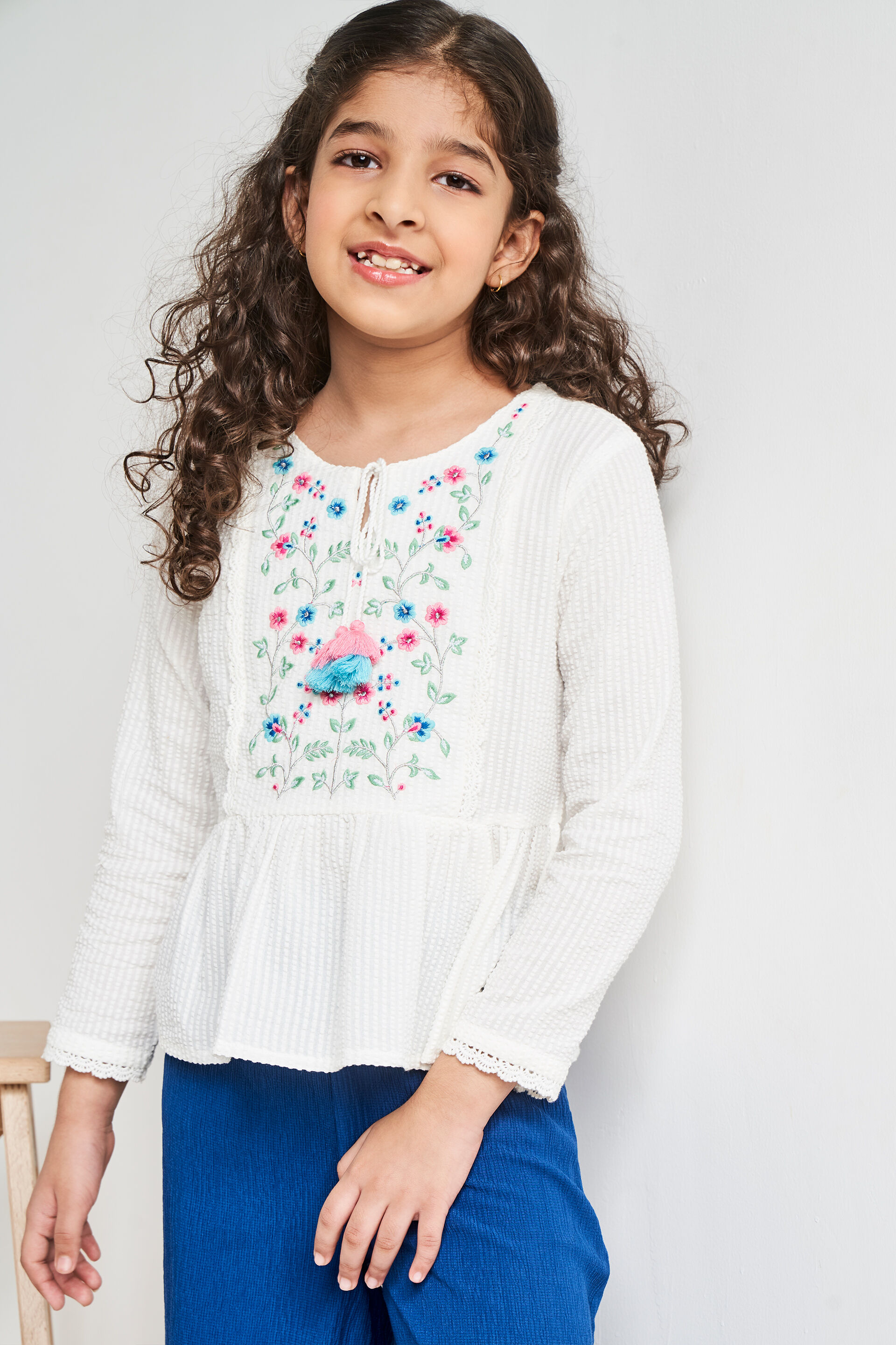 White Embroidered Flared Top, White, image 2